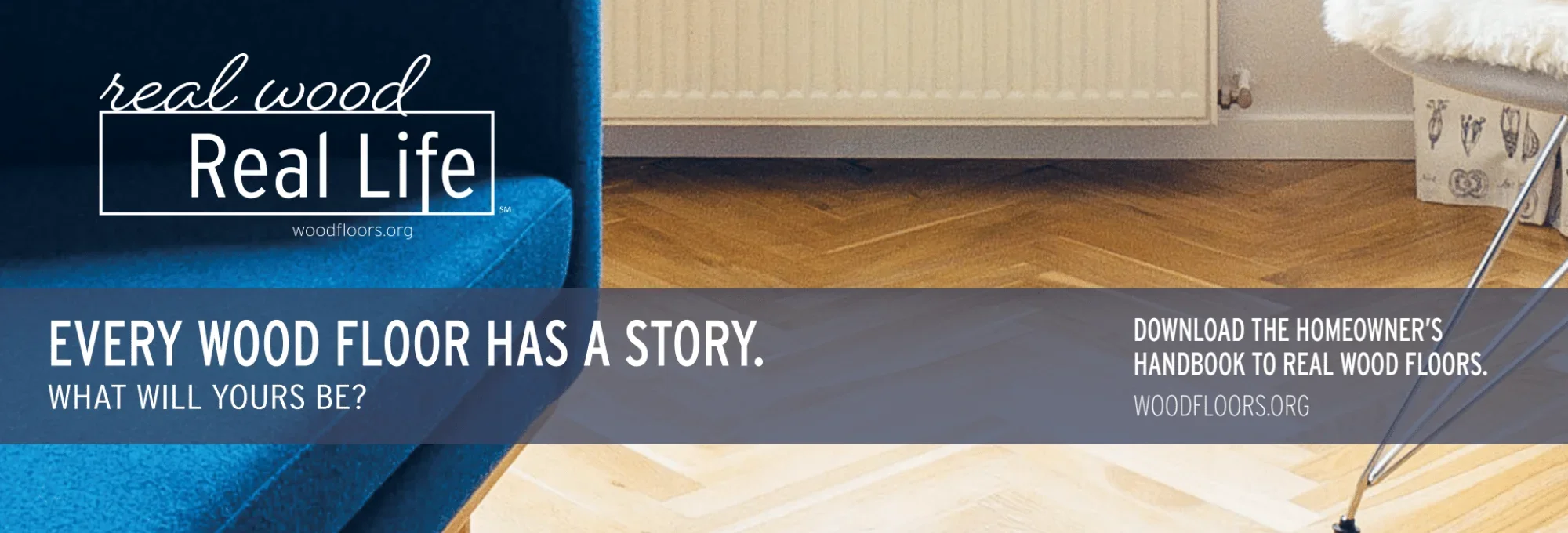 Promotion for Hardwood Handbook featuring a wood floor and blue sofa